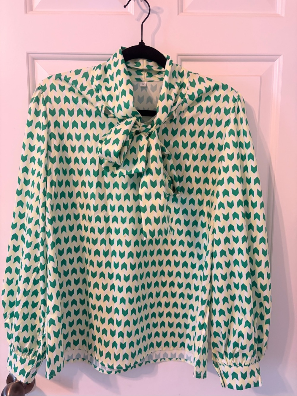 Green and Cream Geometric Tie-Neck Blouse